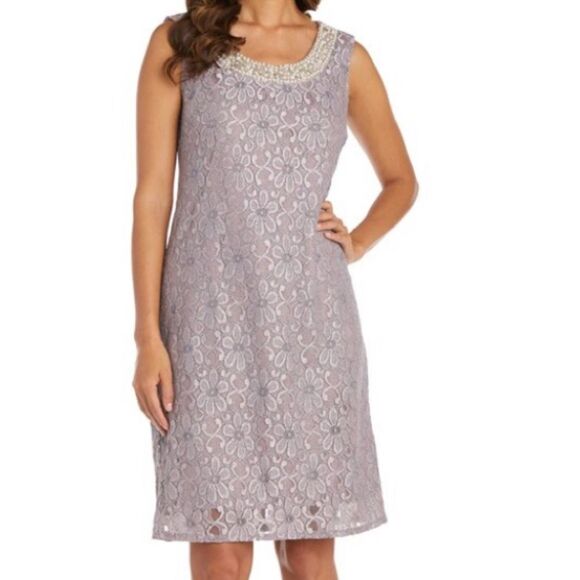 R&M Richards floral lace formal sheath mini dress with beaded neckline size 6 - Picture 1 of 10